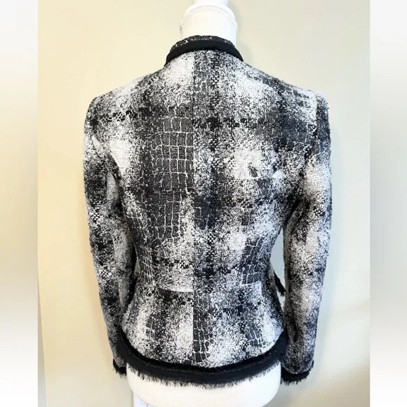 Cache' 6 Tweed Blazer Lined Clasp Closure Chiffon Trim Black White Silver Flat - Picture 5 of 11